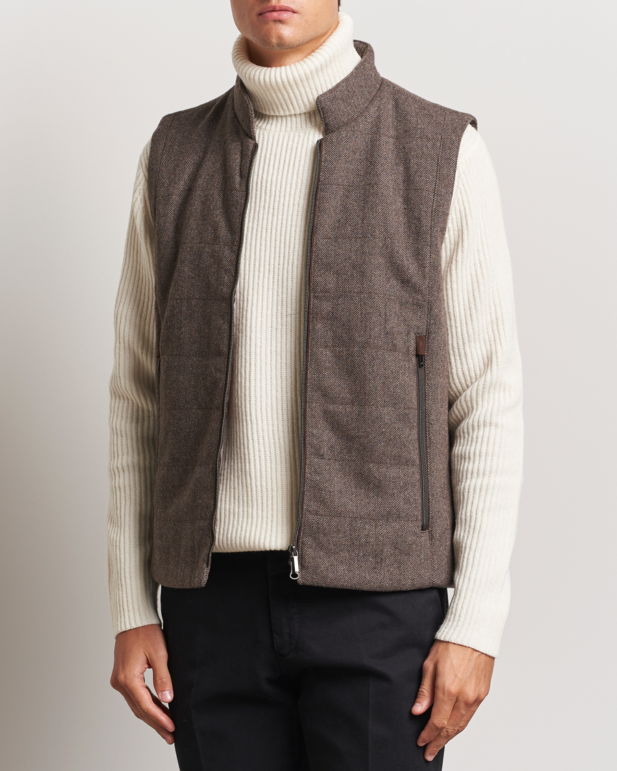 Heren |  | Stenströms | Alcantara Detail Herringbone Wool Vest Dark Brown