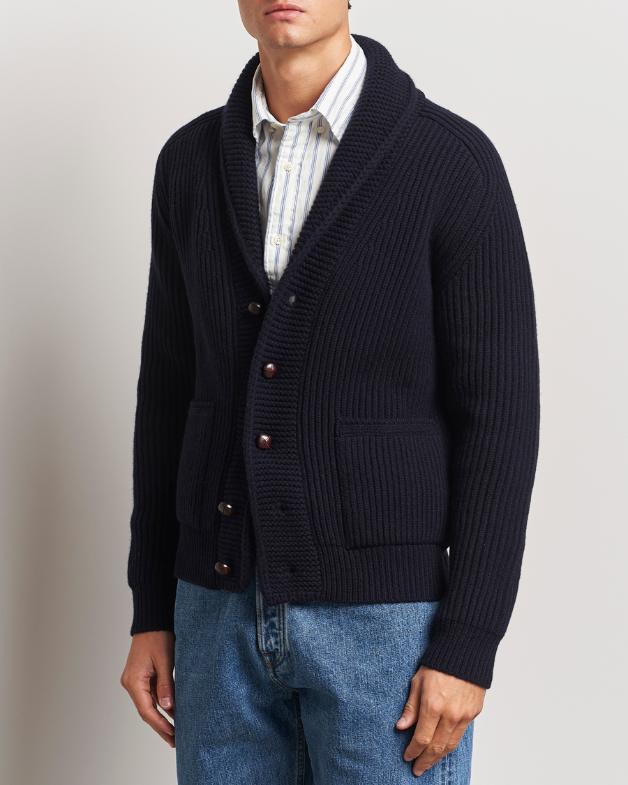 Heren |  | Drake\'s | Lambswool 6-Ply Shawl Collar Cardigan Navy