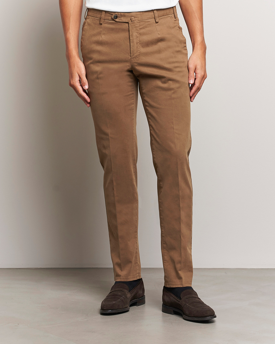 Heren |  | PT01 | Slim Fit Pleated Cotton Trousers Brown