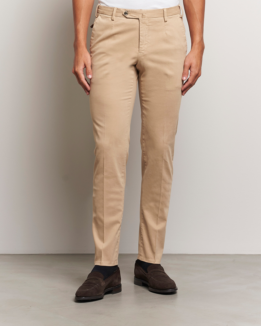 Heren |  | PT01 | Slim Fit Pleated Cotton Trousers Beige