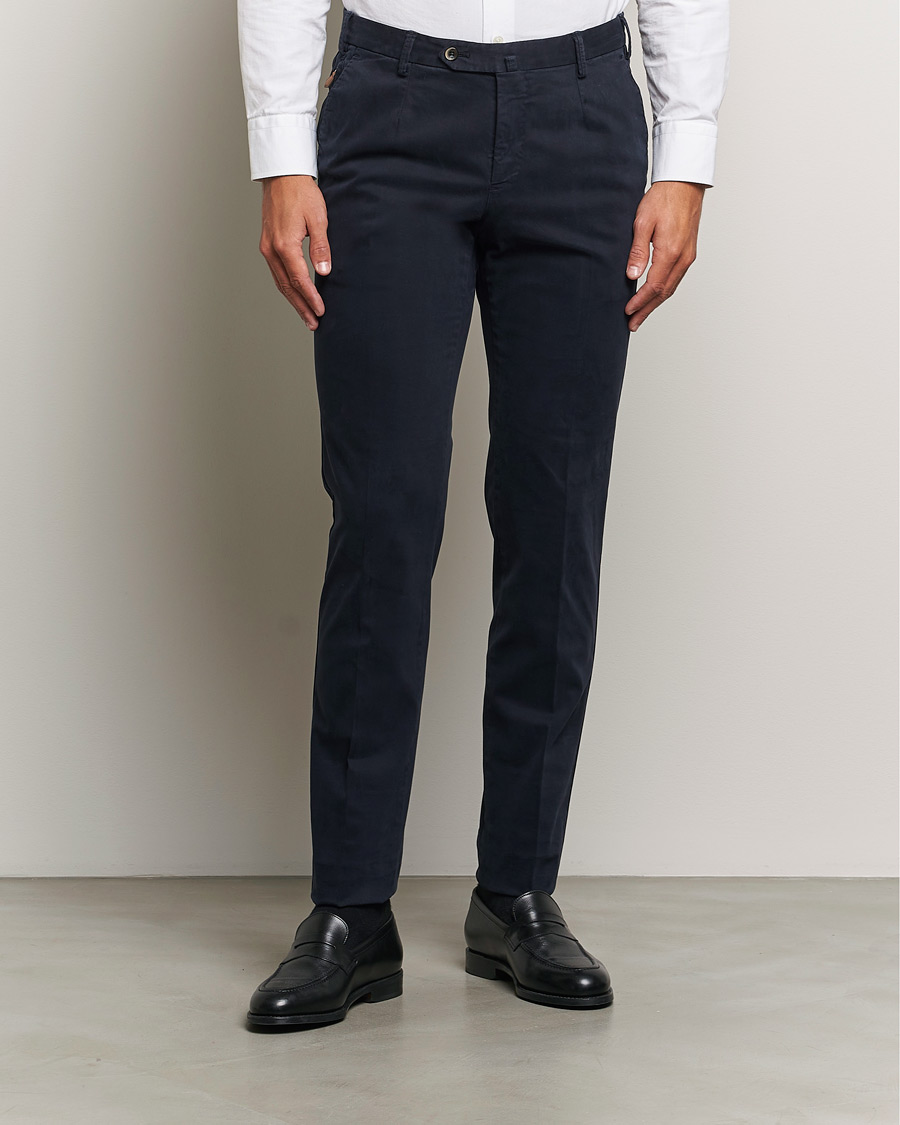 Heren |  | PT01 | Slim Fit Pleated Cotton Trousers Navy