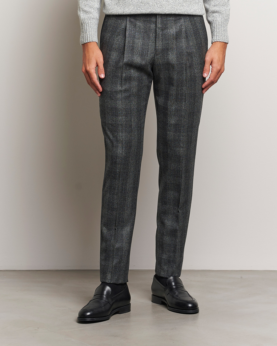 Heren |  | PT01 | Slim Fit Pleated Checked Flannel Trousers Grey