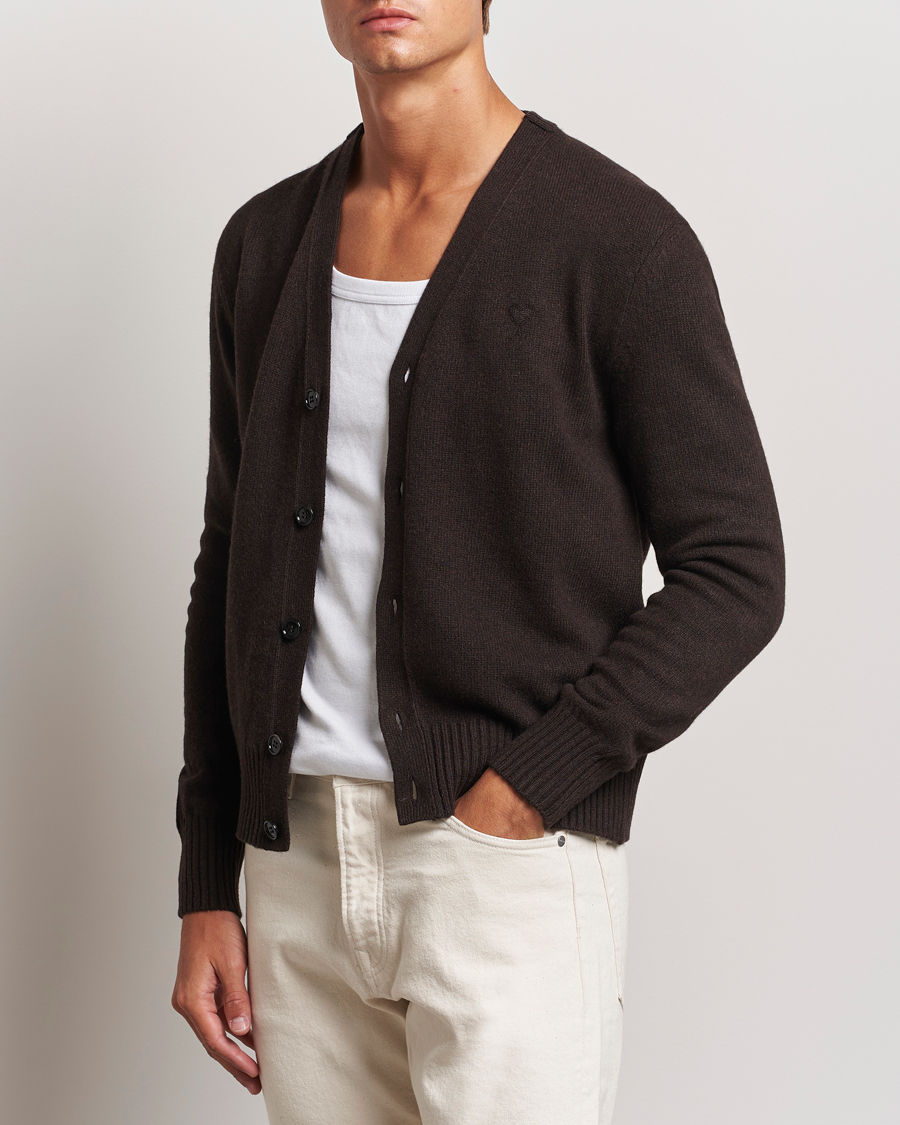 Heren |  | AMI | Tonal Heart Logo Wool Cardigan Dark Coffee