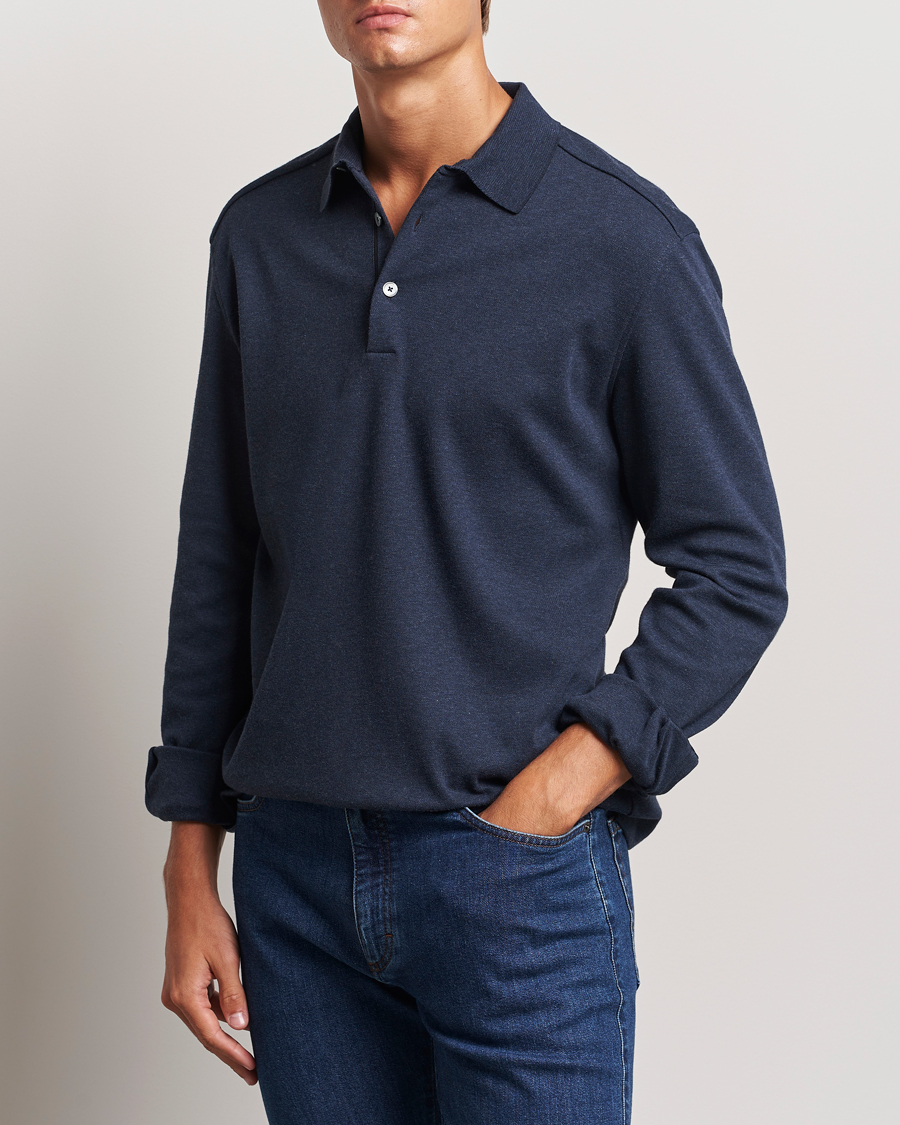 Heren |  | Zegna | Soft Cotton Long Sleeve Polo Navy