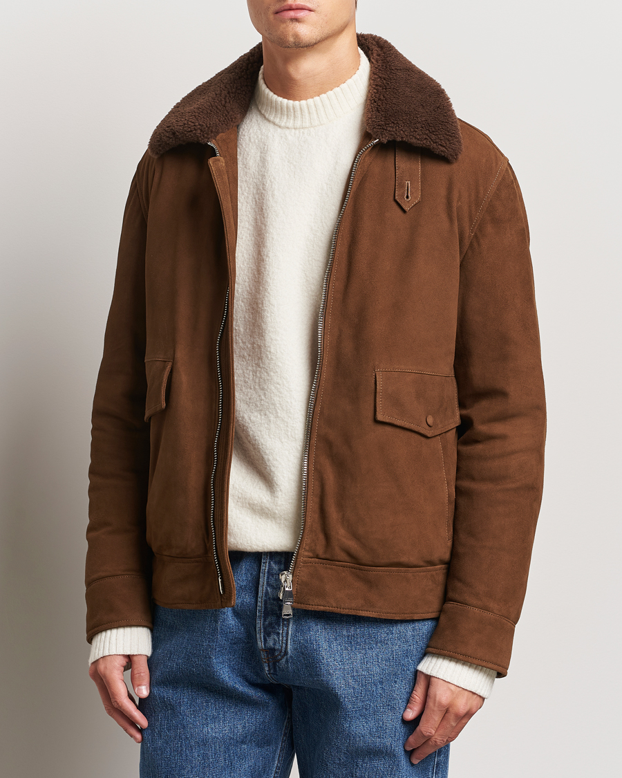 Heren |  | Valstar | Goose Down Shearling Flight Jacket Brown Suede