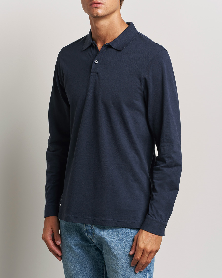 Heren |  | Sunspel | Long Sleeve Pique Poloshirt Navy