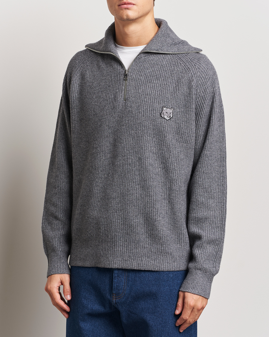 Heren |  | Maison Kitsuné | Bold Fox Rib Knitted Half Zip Medium Grey Melange