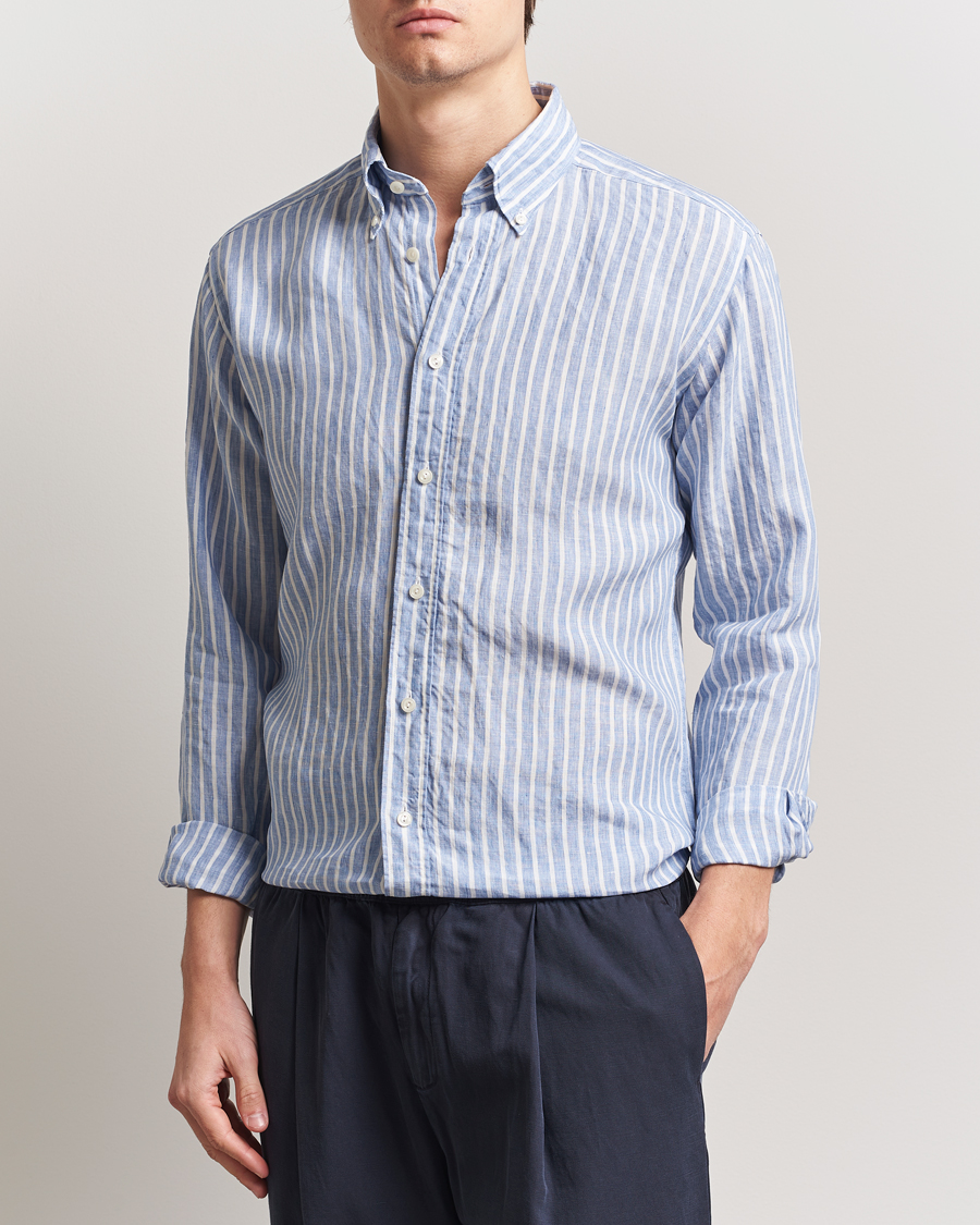 Heren | Overhemden | Eton | Slim Fit Striped Linen Shirt Blue/White