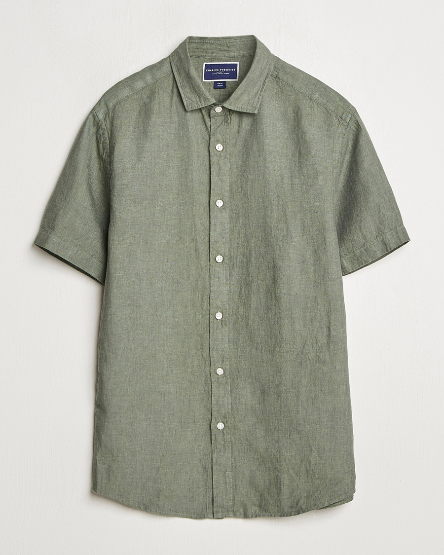 Heren | Overhemden | Charles Tyrwhitt | Pure Linen Short Sleeve Slim Fit Shirt Olive