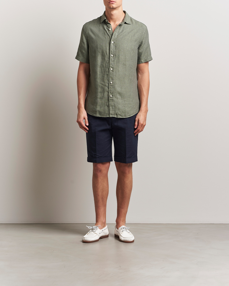 Heren | Overhemden | Charles Tyrwhitt | Pure Linen Short Sleeve Slim Fit Shirt Olive