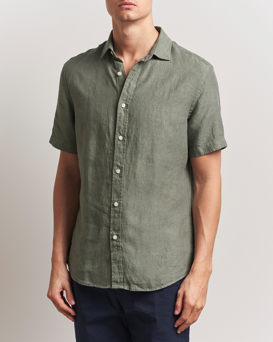 Heren | Overhemden | Charles Tyrwhitt | Pure Linen Short Sleeve Slim Fit Shirt Olive