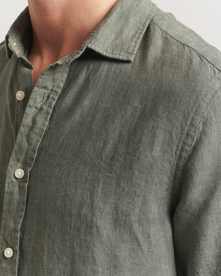 Heren | Overhemden | Charles Tyrwhitt | Pure Linen Short Sleeve Slim Fit Shirt Olive