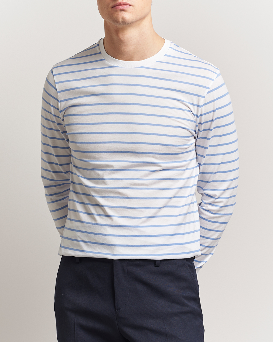 Heren | T-shirts | Ralph Lauren Purple Label | Long Sleeve Striped T-Shirt White/Cornflower