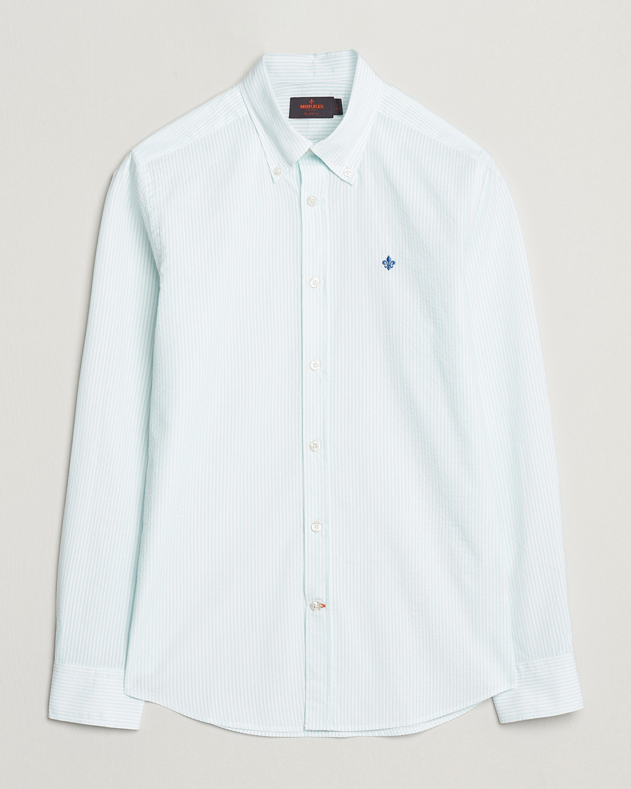Heren | Overhemden | Morris | Slim Fit Striped Seersucker Shirt Turquoise