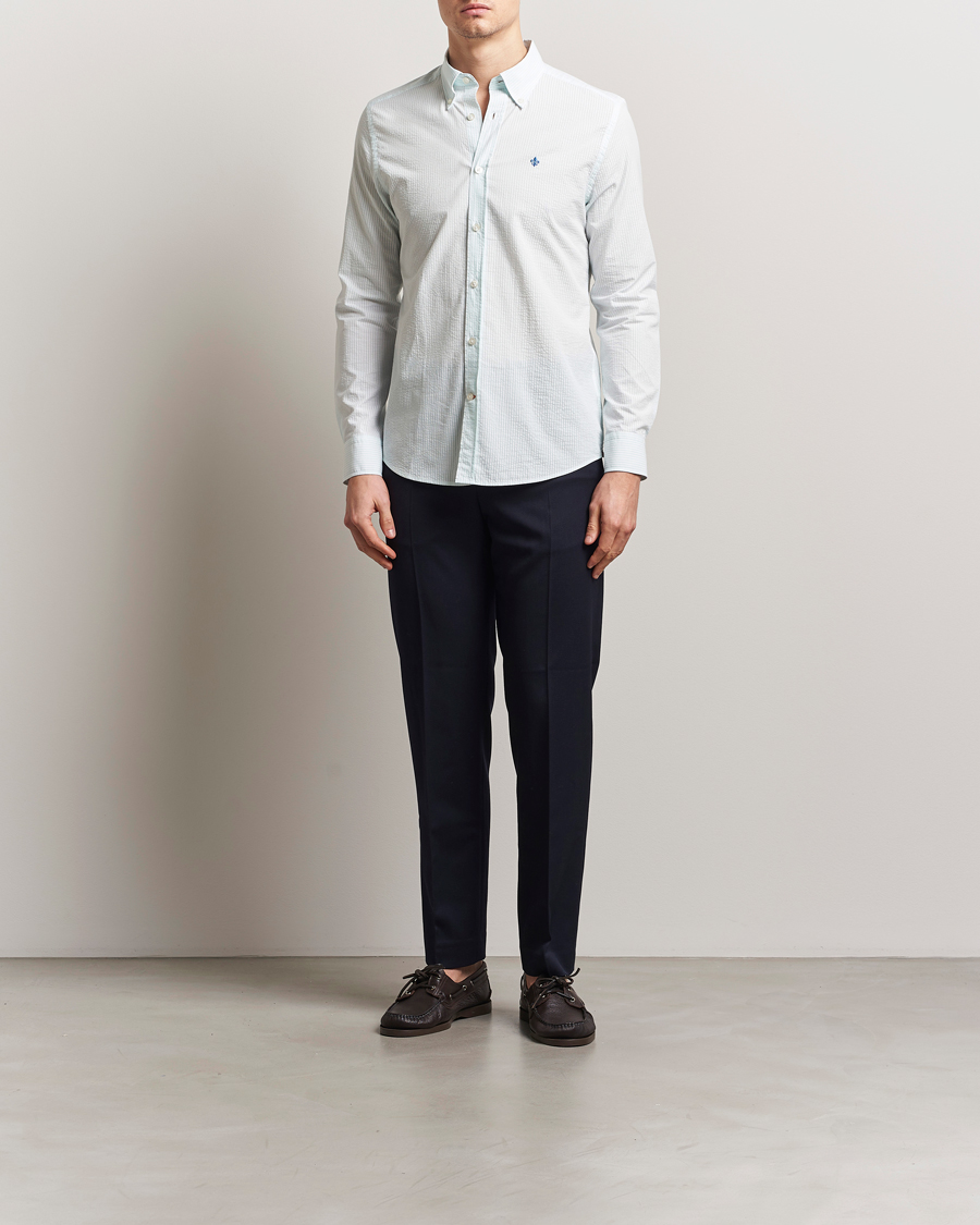 Heren | Overhemden | Morris | Slim Fit Striped Seersucker Shirt Turquoise